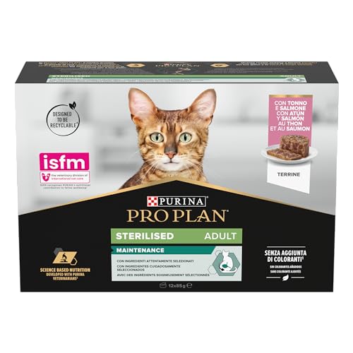 Purina Pro Plan Sterilised Mantainance Nassfutter für Katzen sterilisiert Pastete Lachs und Thunfisch 12 Dosen 85 g