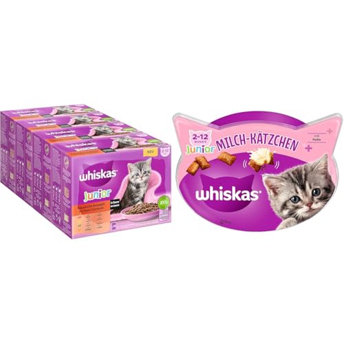 Whiskas Junior Nassfutter Klassische Auswahl in Sauce 48x85g für Katzen von 2-12 Monaten Whiskas Junior Milch Katzensnacks 6x55g