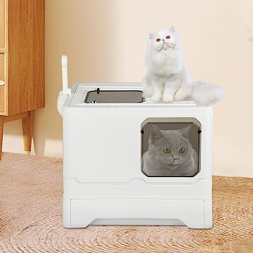 Katzentoilette XXL großes Katzentoilette faltbar mit Deckel Schublade und Katzentoilette tragbar WC für Katzen mit Deckel weiß 45 x 35 x 38 cm