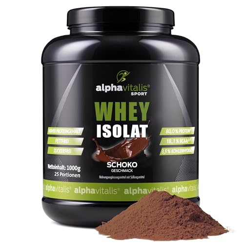 Whey Protein Pulver Isolate 1KG - 80% Proteingehalt - Eiweißpulver zuckerfrei fettfrei - 100% Isolate Protein ohne Aspartam oder Cyclamat - WPI Muskelaufbau Shake in 7 Geschmäcker Schoko