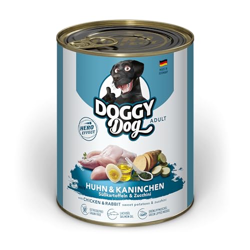 DOGGY Dog Pat Huhn Kaninchen 6 x 800 g Nassfutter für Hunde getreidefreies Hundefutter mit Lachsöl und Grünlippmuschel Alleinfuttermittel mit Süßkartoffel und Zucchini Made in Germany