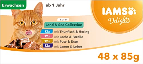 IAMS Delights Land Sea Collection Katzenfutter Nass   Multipack mit Fleisch und Fisch Sorten in Gelee Nassfutter ab 1 Jahr 48x 85 g