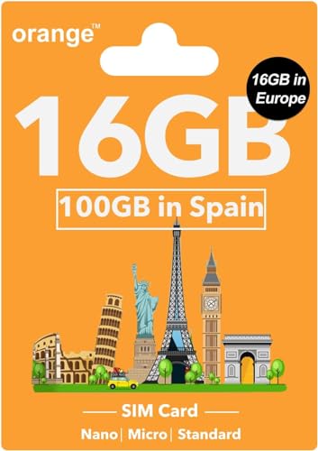 Orange Europe Prepaid-SIM-Karte 16 GB Internetdaten in 4G LTE 400 Minuten Anruf in Europa 50 GB 400 Minuten Anrufe in Spanien Europa-SIM-Karte für 28 Tage unterstützter Hotspot 3-in-1-SIM