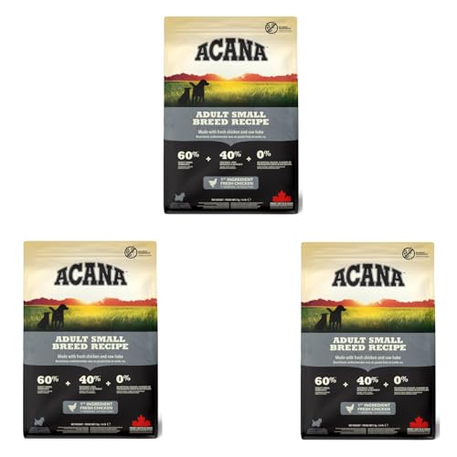 Acana Adult Small Breed Recipe 3er Pack 3 x 340 g Trockenfutter für ausgewachsene Hunde Kleiner Rassen Enthält frisches Hühnerfleisch Flunder aus Wildfang und Eier