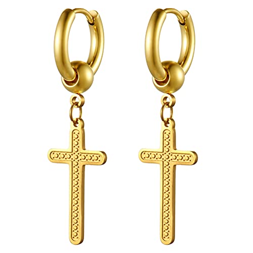 JewelryWe Schmuck Damen Herren Creolen Ohrringe Edelstahl Kreuz Kruzifix Ohrhänger Ohrstecker Silber Gold Schwarz Hip hop Geschenk