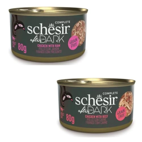 Schesir After Dark Nassfutter für Katzen in Filets in Brühe und Pastete 2er Pack 24 x 80 g 24 x 80 g Hühnchen mit Schinken in Brühe Huhn mit Kalb in Brühe