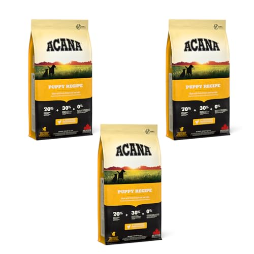 Acana Dog Puppy Recipe 3er Pack 3 x 340 g Trockenfuttermittel für Hundewelpen Reich an tierischen Proteinen aus frischem Geflügel und Fisch Ohne Getreide zubereitet