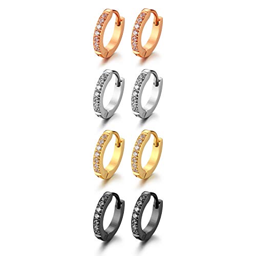 JewelryWe Schmuck 4 Paar Creolen Edelstahl Zirkonia Kreolen Klappcreolen Huggie Ohrringe für Damen Herren 13MM Schwarz Gold Rosegold Silber