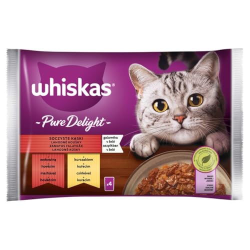 Whiskas Adult 1 Katzenfutter Pure Delight Geflügel in Gelee mit Rind und Huhn 20 Portionsbeutel 5x4x85g Hochwertiges Nassfutter für ausgewachsene Katzen