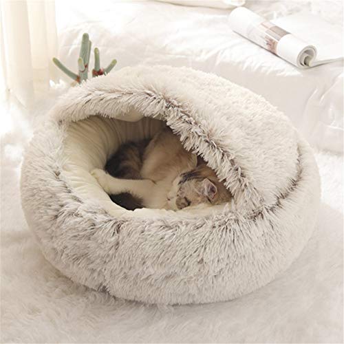 Fashionapple Flauschiges Katzenbett rund weiches Plüsch Höhle mit Kapuze Katzenbett den Winter warm Schlafkissen rutschfest maschinenwaschbar und Welpen Kaffee 60cm