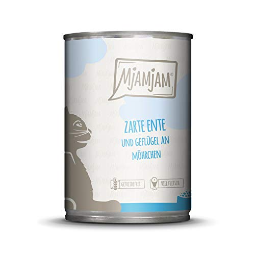 MjAMjAM - Premium Nassfutter für Katzen - zarte Ente Geflügel an leckeren Möhrchen 1er Pack 1 x 400 g getreidefrei mit extra viel Fleisch