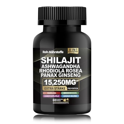 Shilajit Pure Himalayan Organic Supplement 15250MG mit Rhodiola Rosea 1000MG Ashwagandha 2000MG Ginseng Ginkgo Biloba Kurkuma Cordyceps-Pilz Brennnessel für volle Körperkraft 8-in-1