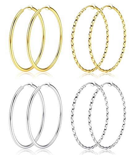 Kakonia 4 Paar Ohrclips Creolen für Damen Clips Creolen Gold Silber Groß Bicolor Non Piercing Ohrringe Ohr Knorpel Ohrpiercing Hypoallergen Schmuck Set für Damen 30 40 50 60mm