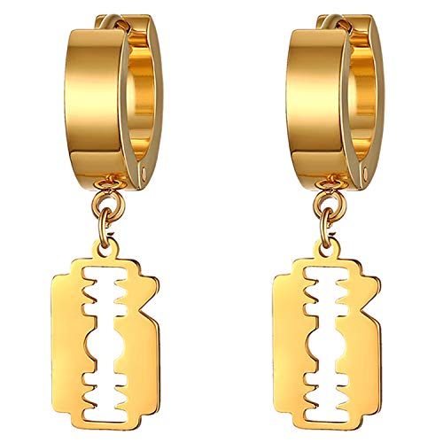 JewelryWe Herren Ohrringe Creolen Rasierklinge Punk Edelstahl Huggie Kreolen Ohrstecker Ohrhänger mit Rasierklinge Anhänger Hängende Ohrringe Ohrpiercings für Männer Gold