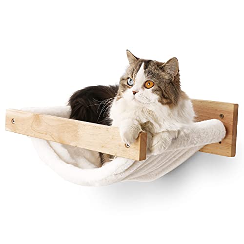 FUKUMARU Hängematte zur Wandmontage großes Katzenregal modernes Bette Sitzgelegenheit Katzenmöbel zum Schlafen Spielen Klettern Faulenzen Tragkraft bis 18kg Weiß Flanell