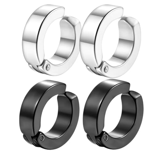 2 Paare Piercing Clip Ohrringe für Männer Frauen Edelstahl Ohrringe Herren Non Piercing Ohrringe Set Schwarz Silberton Creolen Edelstahl ohne Loch Fake Ohrstecker Ohrclips Klappcreolen Silber Schwarz