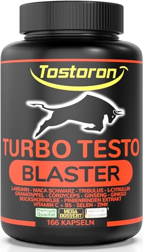 Tostoron TURBO TESTO BLASTER 166 Kapseln MACA SCHWARZ L-Arginin Tribulus L-Citrullin Granatapfel Cordyceps Ginseng Ginkgo Bockshornklee Pinienrinde Vitamin C B5 Selen Zink 1 Dose 1x134 1g