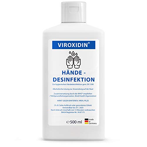 Viroxidin Desinfektionsmittel für Hände - 500ml Eurospender Flasche Viruzid - Kills 99% bacteria - 83% Alkohol Ethanol - Handdesinfektion gegen Bakterien Viren Pilze zum Einreiben - 500ml 430g