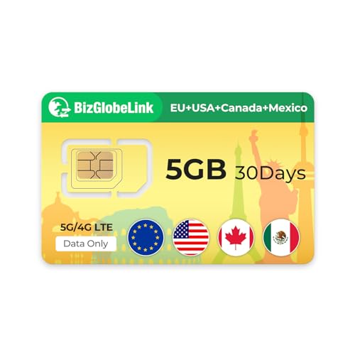 EIOTCLUB Prepaid SIM für Reisen BizGlobeLink SIM-Karte Internationale Nutzung in USA Kanada und Mexiko nur Daten 5G 4G LTE ohne Vertrag nachfüllbar für Handys WLAN-Router Tablets