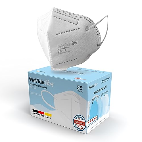 WeVida Plus FFP2 Maske Made in Germany - 25 x einzeln verpackt größere Passform dermatologisch geprüft EU CE zertifizierte Atemschutzmaske nach EN149 2001 A1 2009 CE2841 Weiß