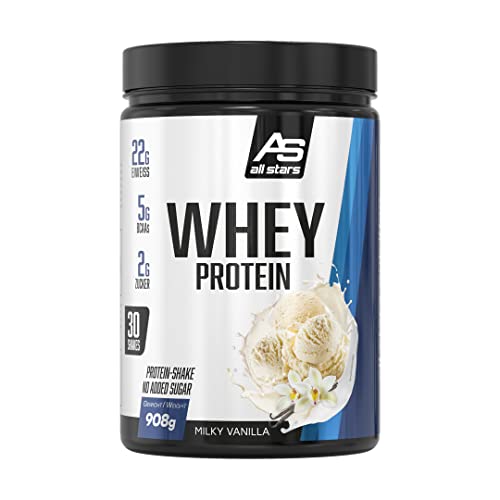 All Stars 100% WHEY PROTEIN 908gI Eiweiß-Pulver mit Whey-Konzentrat Isolat I leckeres Low-Fat Powder I hochwertiges Protein-Pulver I cremiger Protein-Shake mit Milky Vanilla-Flavour