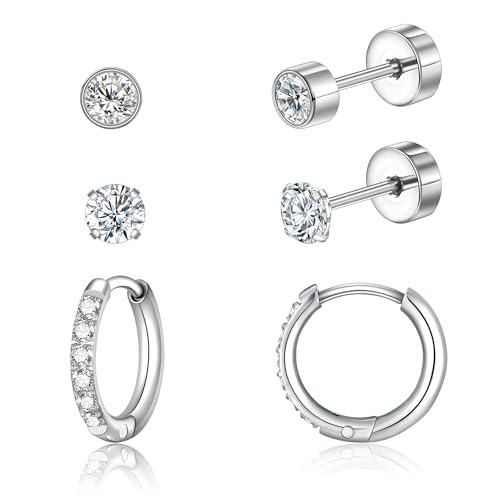 Titan Creolen Ohrringe 3er Set für Damen Herren G23 Titan Hypoallergen 4mm Zirkonia Ohrstecker 10mm Zirkonia Creolen Set Kreolen Knorpel Helix Ohrpiercing