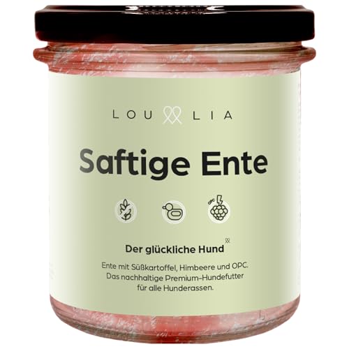 Lou und Lia Nassfutter für Hunde - Saftige Ente - Hundefutter mit 100% frischem Fleisch Getreidefrei Monoprotein - Süßkartoffel Himbeere OPC - Für alle Hunde 4X 290g Gläser 4 x 290 g