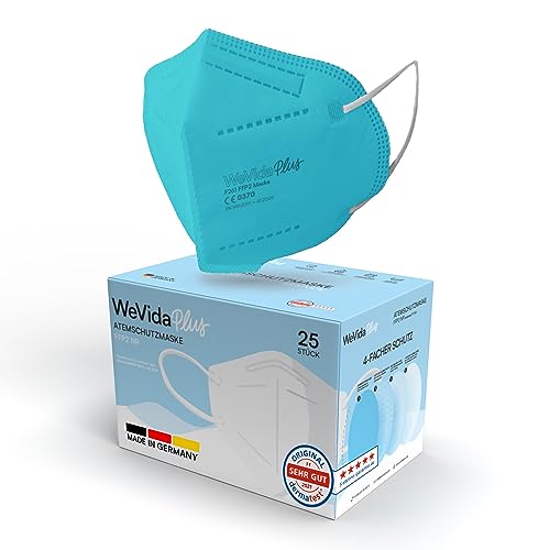 WeVida Plus FFP2 Maske Made in Germany - 25 x einzeln verpackt größere Passform dermatologisch geprüft EU CE zertifizierte Atemschutzmaske nach EN149 2001 A1 2009 CE2841 Türkis