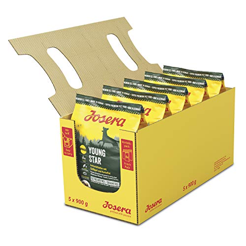 JOSERA YoungStar 5 x 900 g Junior Premium Trockenfutter für wachsende Hunde Geflügel Kartoffel getreidefrei Welpenfutter für mittlere und große Rassen Hundefutter 5er Pack