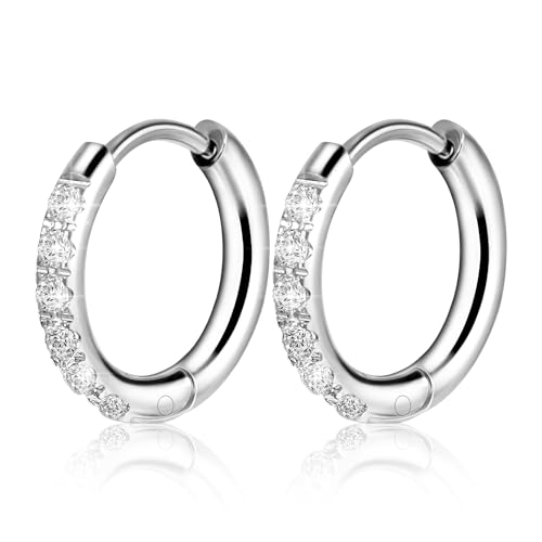 Lnngub 2 Stück 1 Paar Titan Creolen Ohrringe Titanstahl Ohrringe für Damen und Herren Hypoallergen Hoop Ohrringe 8 mm Klein Klappcreolen mit Funkelnden Zirkonia-Diamanten Stahlfarbe