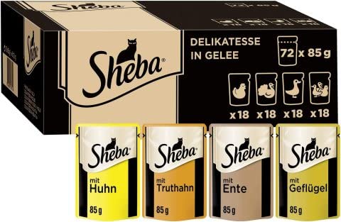 Sheba Delikatesse Gelee Hochwertiges Nassfutter mit feiner Geflügelauswahl Im praktischen Portionsbeutel 72x 85g Alleinfuttermittel