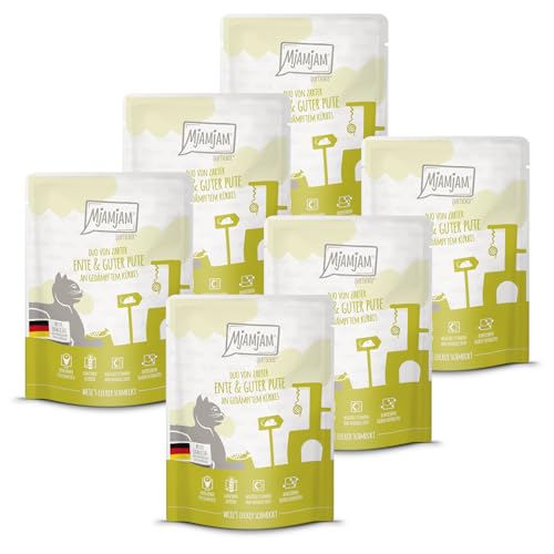 MjAMjAM - Premium Nassfutter für Katzen - Quetschie - DUO von zarter Ente guter Pute an gedämpftem Kürbis 6er Pack 6 x 300g getreidefrei mit extra viel Fleisch