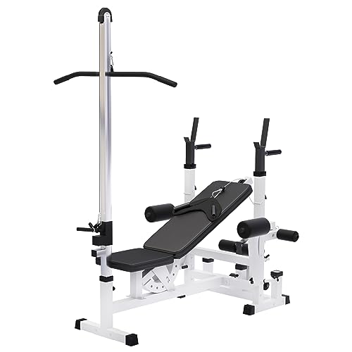 GORILLA SPORTS Kraftstation - Hantelbank mit verstellbare Hantelablage Latzugturm Butterfly Beincurler Schwarz oder Weiss - Trainingsbank Fitnessstation Trainingsstation Weiss