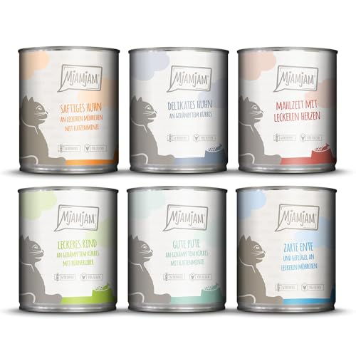 MjAMjAM - Premium Nassfutter für Katzen - Mixpaket III - Huhn Kürbis Pute Ente Geflügel Herzen Huhn Rind 6er Pack 6 x 800 g getreidefrei mit extra viel Fleisch