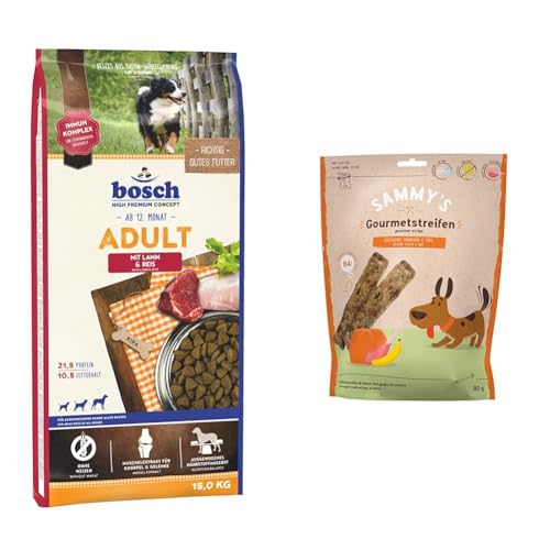 Bundle Bosch HPC Adult mit Lamm Reis Hundetrockenfutter für ausgewachsene Hunde Aller Rassen 1 x 15 kg Sammy s Gourmetstreifen Hühnchen Ente Fleischiger Snack für Hunde 6 x 180 g