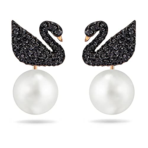 Swarovski Iconic Swan Ohrring Jackets Schwarze und Ros Vergoldete Ohrringe mit Funkelnden Swarovski Kristallen in Schwanenform und Kristallperlen