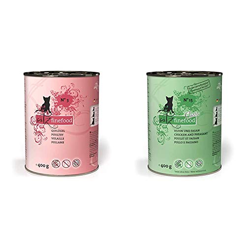 catz finefood N 3 Geflügel Feinkost Katzenfutter nass verfeinert mit Preiselbeeren 6 x 400g Dosen N 15 Huhn Fasan Feinkost Katzenfutter nass verfeinert mit Quinoa Kresse 6 x 400g Dosen