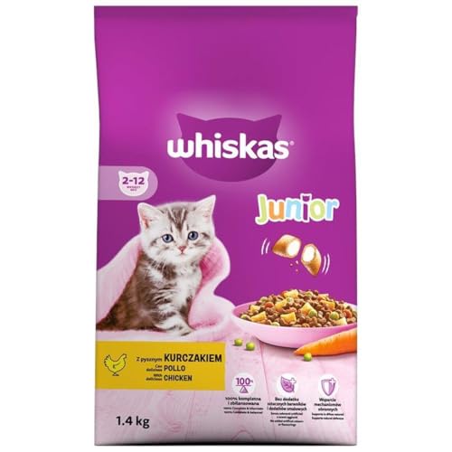 Whiskas Junior Trockenfutter Huhn 2x1 4kg 2 Packungen - Trockenfutter für heranwachsende Katzen - Extra kleine Kibbles für Kätzchen 2-12 Monate - unterschiedliche Produktverpackungen erhältlich