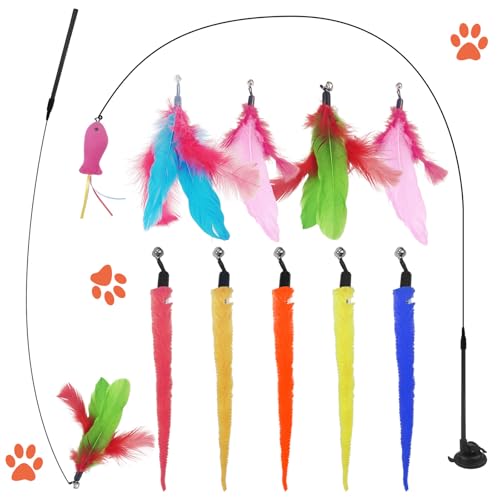 Dunkwckore 13 Stück Katzenspielzeug Selbstbeschäftigung Interaktives Katzenspielzeug Angel mit Saugnäpfen Katzenangel Katzen Spielzeug Cat Toys Intelligenz Spielzeug Mit Federn