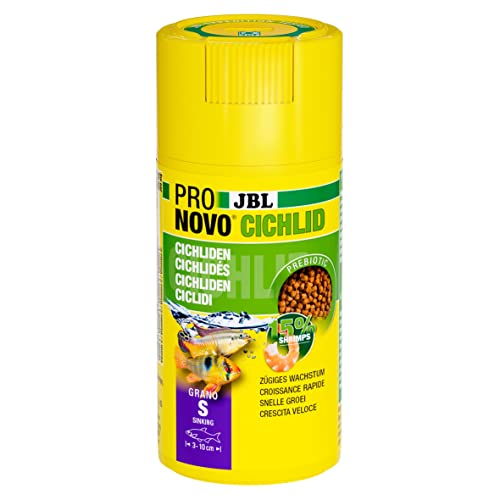 JBL PRONOVO CICHLID GRANO Hauptfutter für kleine Buntbarsche von 3-10 cm Klickdosierer Fischfutter-Granulat Größe S 100 ml