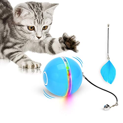 WWVVPET Katzenspielzeug Ball LED Licht Interaktives Ringglocke Feder 360 Rollen Haustier Automatisch Drehendes Intelligentes Katzenballspielzeug USB Wiederaufladbarer
