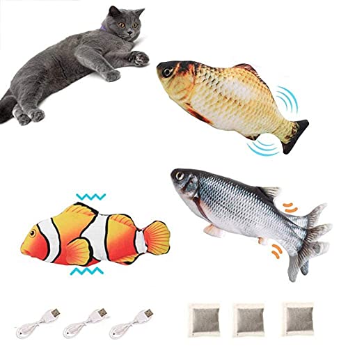 BangShou 3 Stück Elektrisch Spielzeug Fisch USB Elektrische Plüsch Fisch Kicker Katzenspielzeug mit Katzenminze