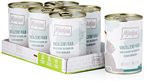MjAMjAM - Premium Nassfutter für Katzen - vorzügliches Kalb Truthahn an leckeren Möhrchen 6er Pack 6 x 400 g getreidefrei mit extra viel Fleisch
