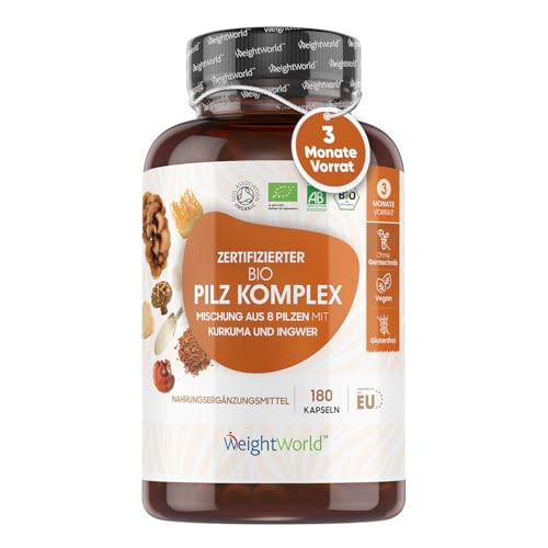 BIO Pilz Komplex mit 8 Pilzsorten   180   1000mg mit Löwenmähne Pilz Reishi Chaga Shitake Maitake Cordyceps Austernpilze   Laborgeprüft Vegan   Organic Mushroom Complex   WeightWorld