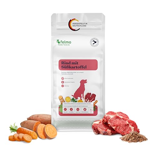 felmo Premium Trockenfutter für Hunde 2 KG mit Ente 50% Rind Süßkartoffel Zucchini ohne Zucker- und Getreidezusatz enthält Vitamine Präbiotika Omega-Fettsäuren stärkt das Immunsystem