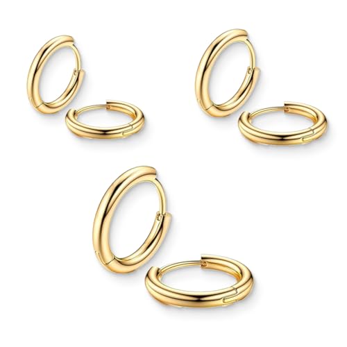 JEYORZY 3 Paar Gold Creolen für Damen Gold Creolen Edelstahl Kleine Hoop Damen Ohrringe Edelstahl Creolen Goldene Creolen Hypoallergen Kleine Ohrringe für Damen Herren Kleine Gold Creolen Ohrringe