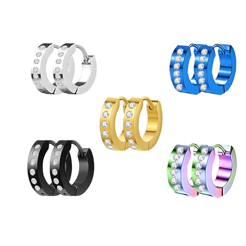 HinDaLi 5 Paar Edelstahl Ohrringe Creolen Damen Ohrringe Diamant Herren Ohrringe Männer Silber Ohrringe Damen Schwarz Ohrringe Silber Herren Ohrringe Schwarz Set Ohrringe Gold Ohrringe Herren Creolen