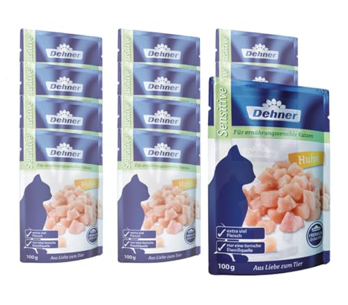 Dehner Premium Katzenfutter Sensitiv Nassfutter gereidefrei für ausgewachsene ernährungssensible Katzen Huhn 12 x 100 g Beutel 1.2 kg