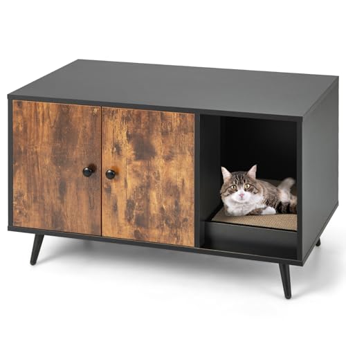 GYMAX 2 in 1 Katzenschrank Katzenhaus für die Katzentoilette mit 2 Türen Kratzbrett multifunktionale Katzenmöbel Moderne Haustierkiste für Wohnzimmer Schlafzimmer 90x50x54cm