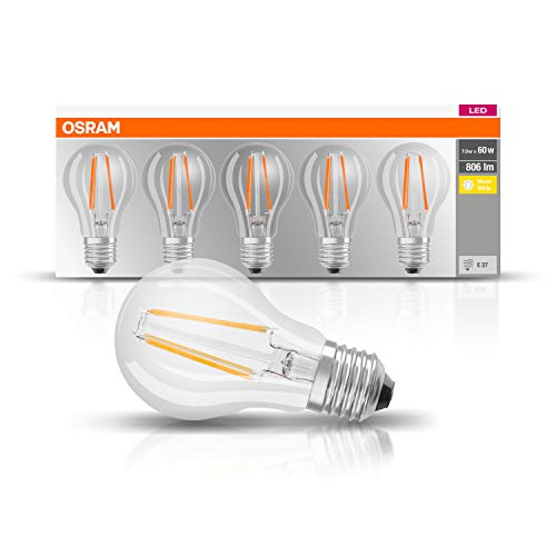 Osram Base Classic A Lampe Sockel E27 Warm White 2700 K 7 W Ersatz für 60 W Glühbirne klar 5er Packung